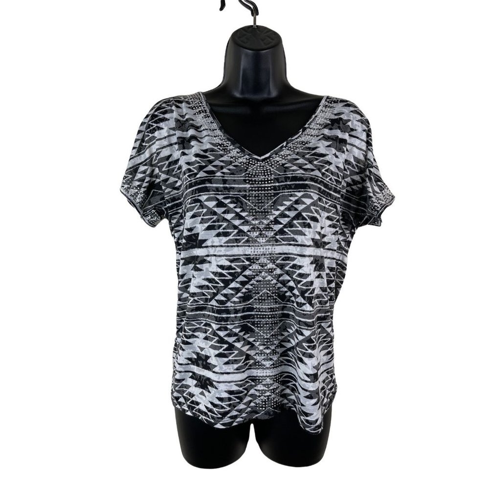 INC International Concepts Top Womens Short Slit Sleeves White Black Size Small